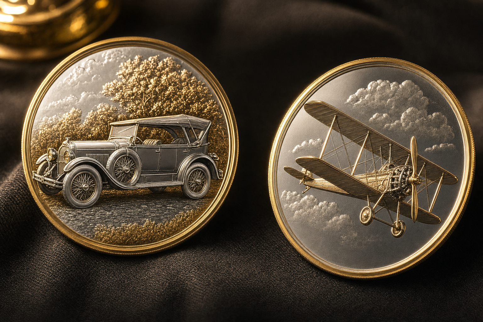 Gold- und Silber-Sammlermünzen mit Automobil- und Flugzeug-Relief auf dunklem Untergrund