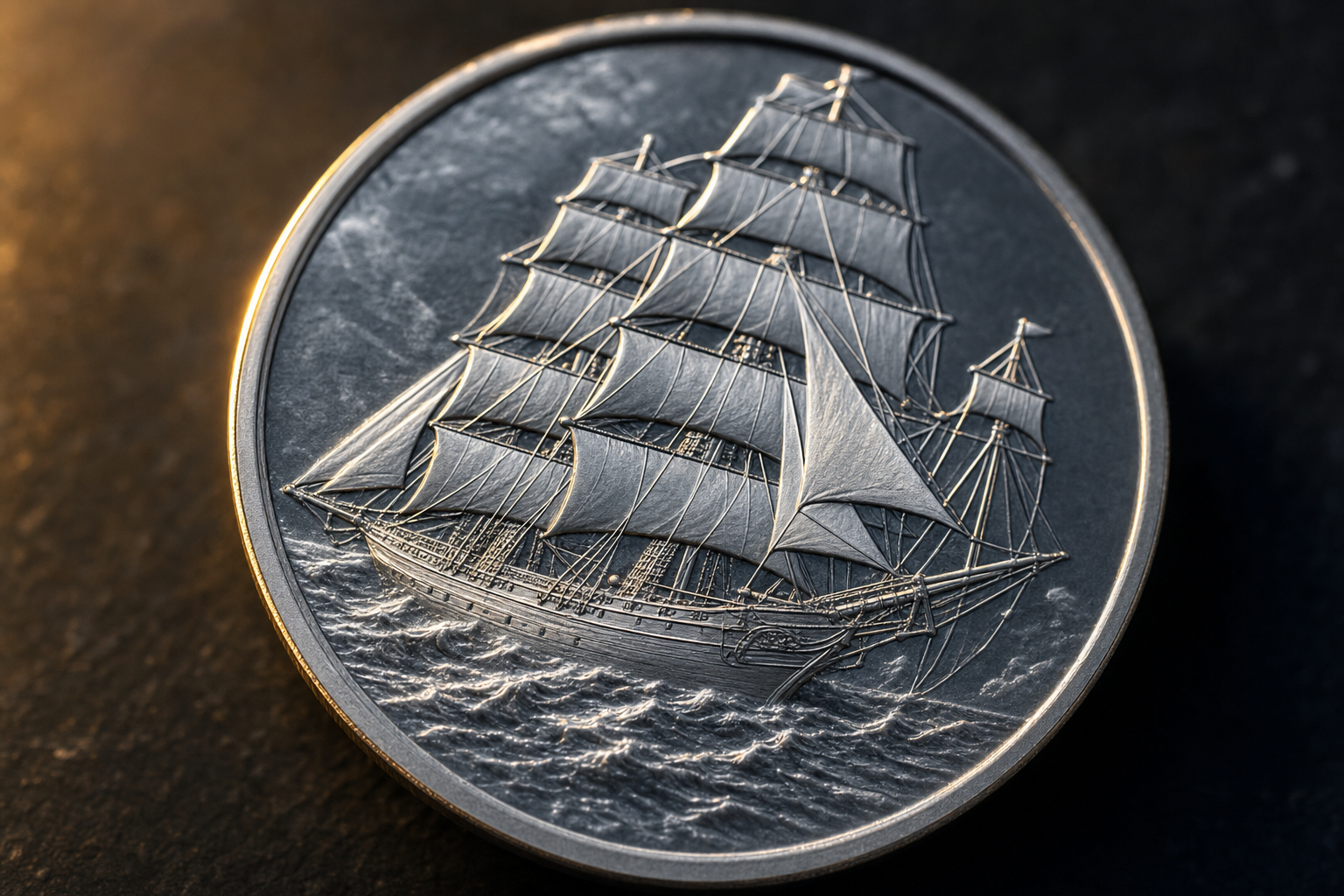 Silber-Sammlermünze mit filigranem Segelschiff-Relief in Proof-Qualität auf dunklem Schiefer