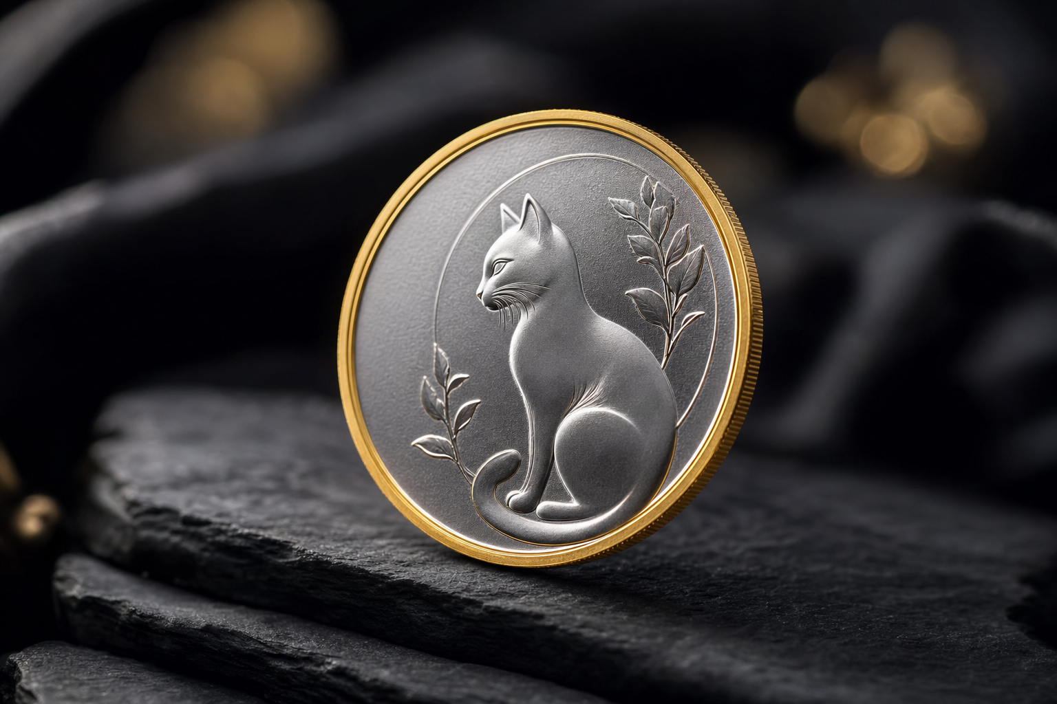 Silbermünze mit stilisiertem Katzenmotiv und teilvergoldetem Rand auf dunklem Schiefer