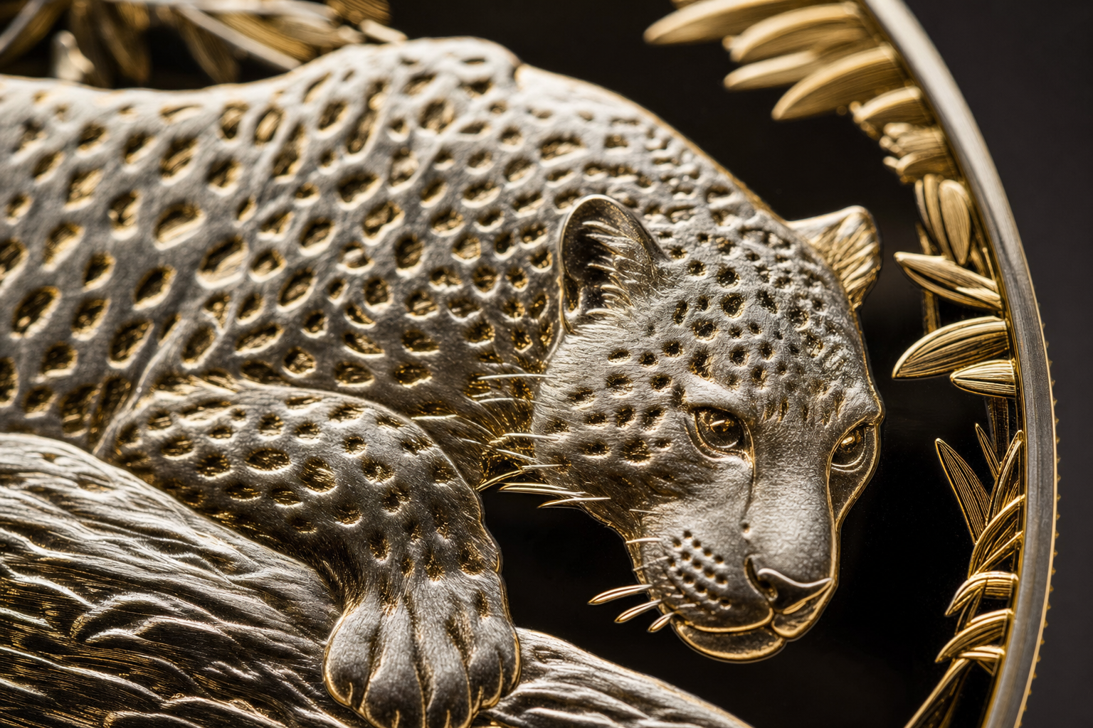 Detailaufnahme einer Edelmetallmünze mit Leoparden-Motiv in High Relief und Polierter Platte