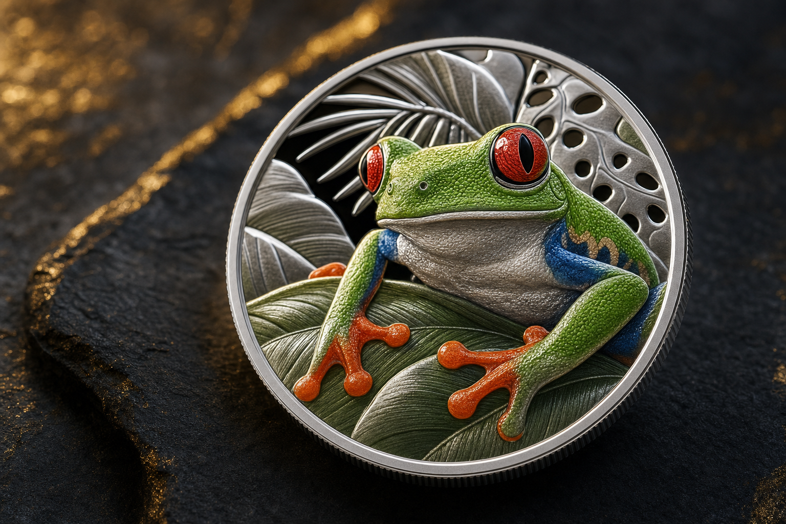 Colorierte Silber-Sammlermünze mit Rotaugenlaubfrosch-Motiv im Proof-Finish