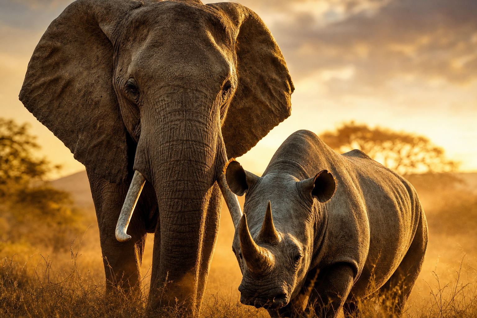 Afrikanischer Elefant und Nashorn in der Savanne bei Sonnenaufgang