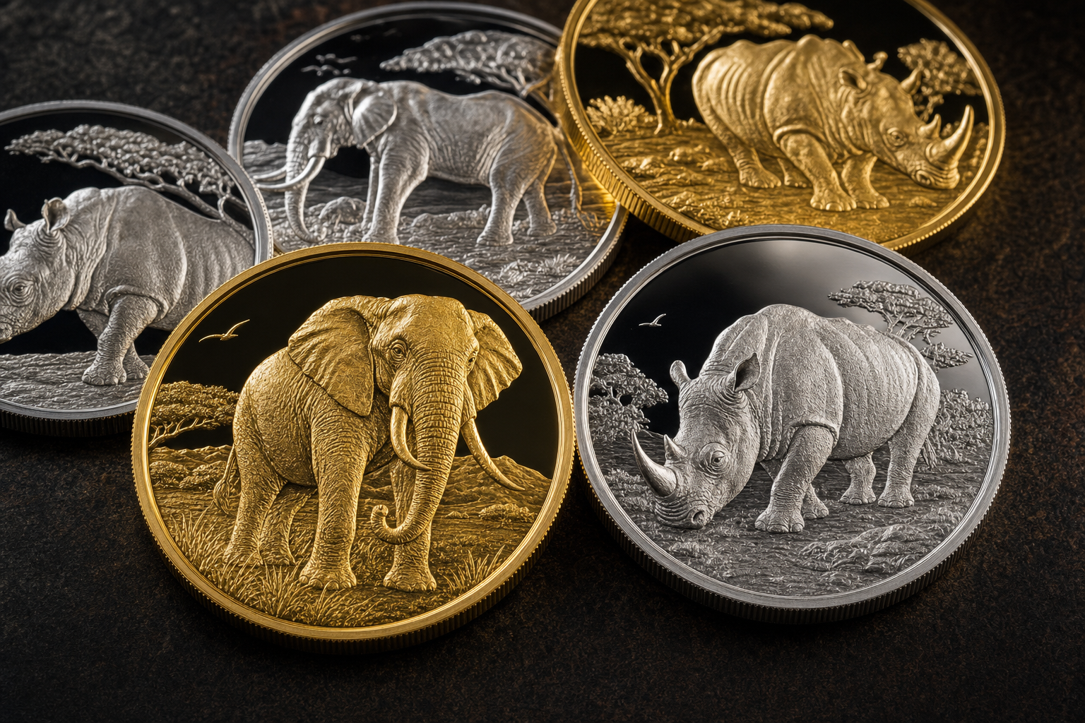 Gold- und Silbermünzen mit Elefanten- und Nashorn-Motiv in Polierter Platte
