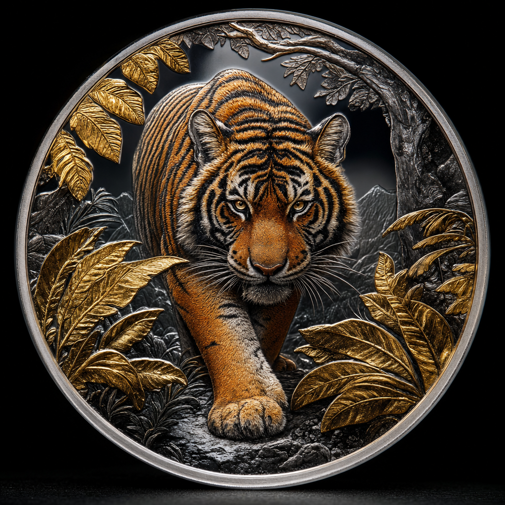 Detailaufnahme einer colorierten und teilvergoldeten Silbermünze mit Tiger-Motiv