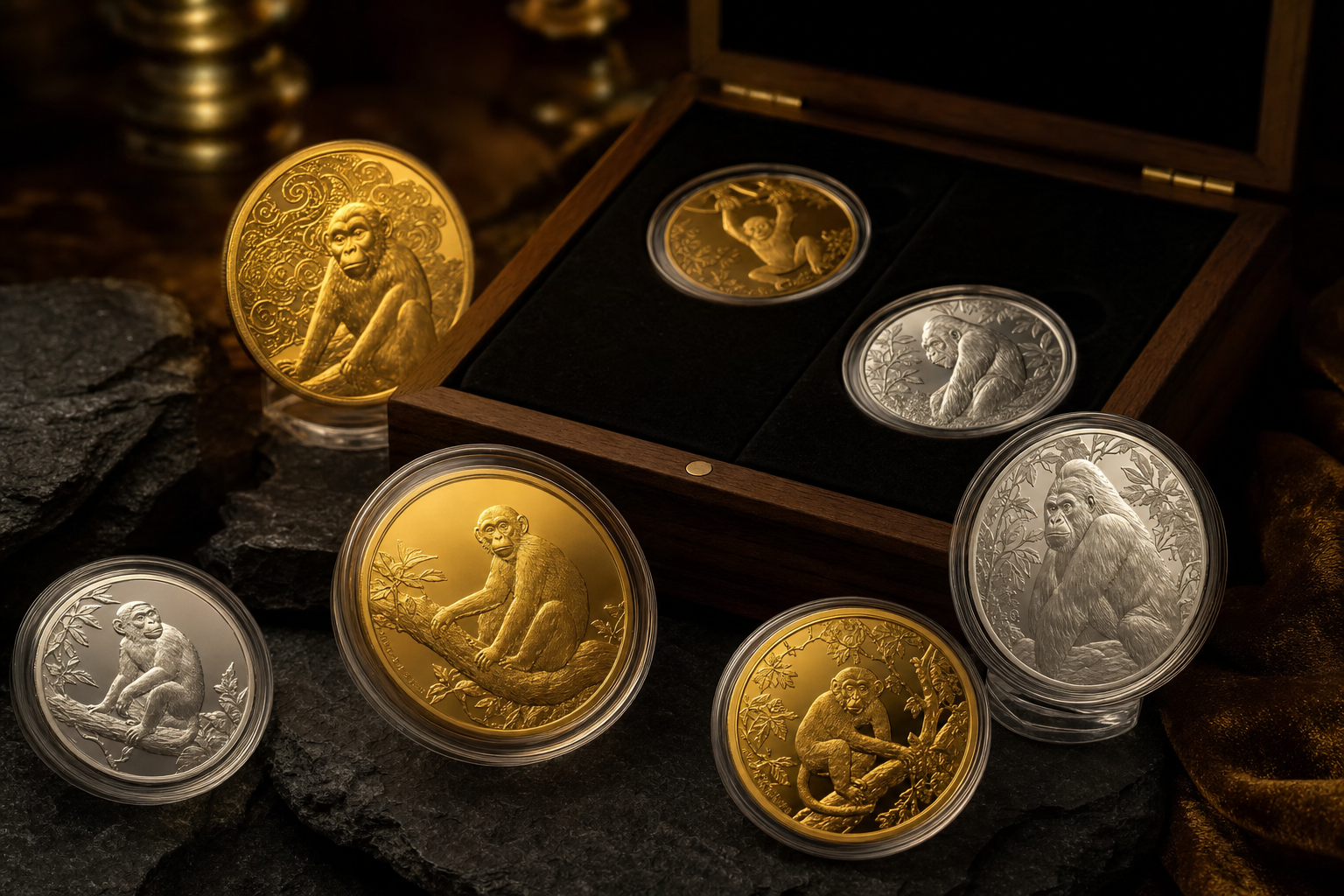 Gold- und Silbermünzen mit Affenmotiven in Münzkapseln und Holzbox auf dunkler Fläche