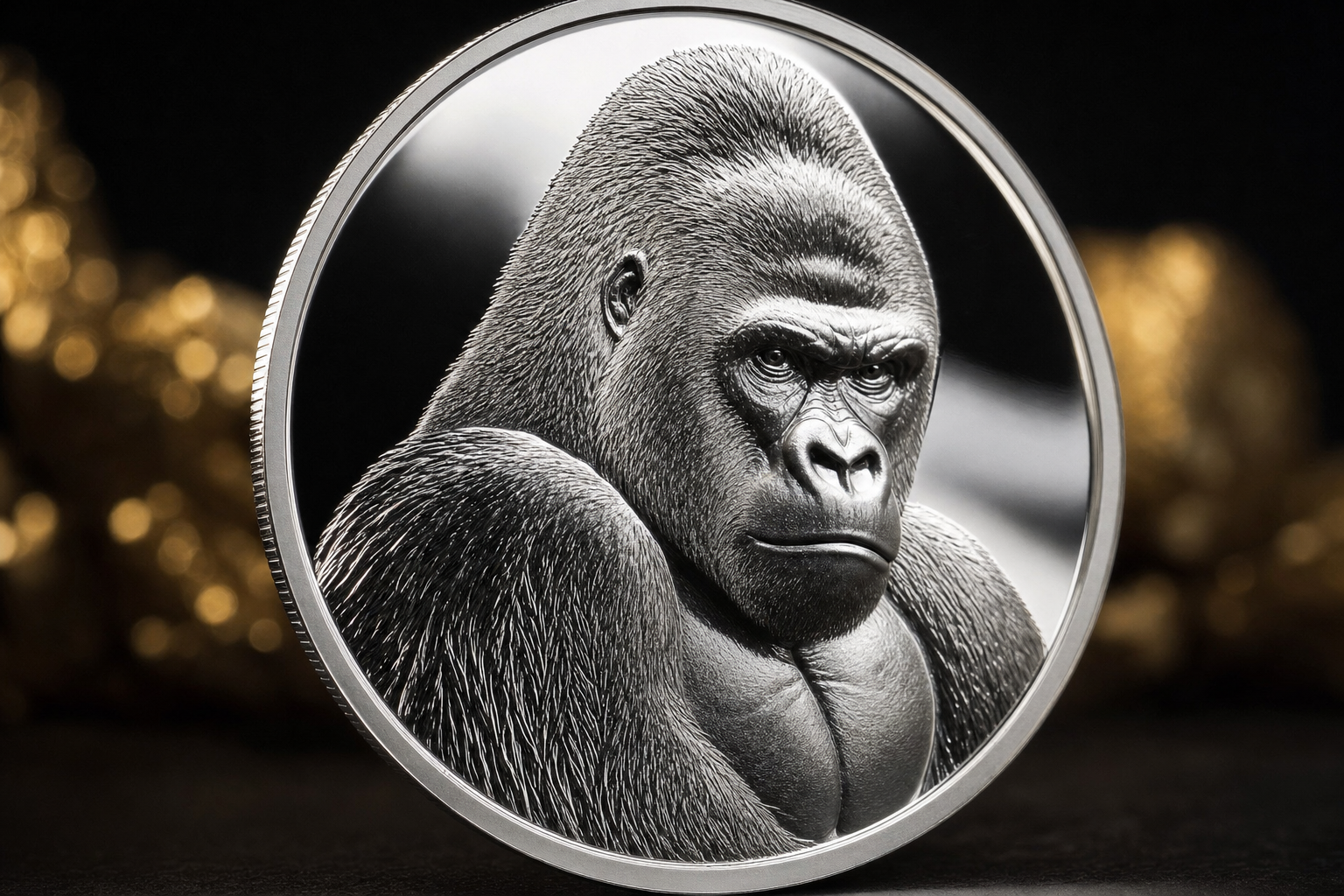 Silbermünze mit detailliertem Silberrücken-Gorilla-Relief im Seitenlicht
