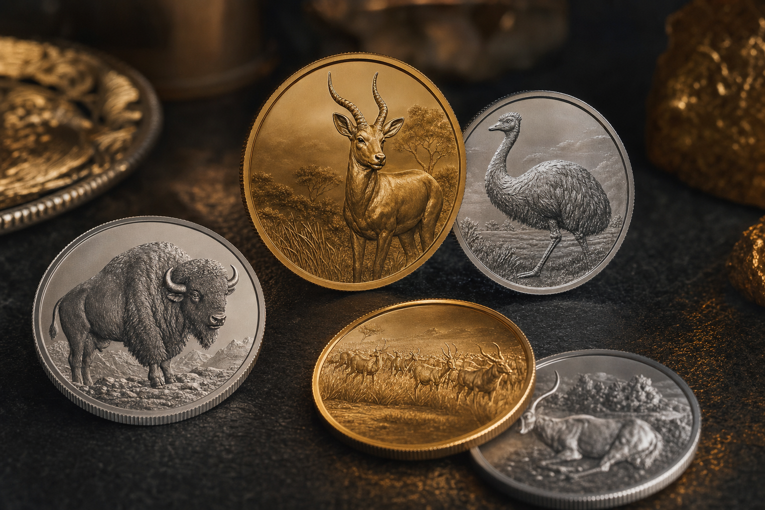 Mehrere Gold- und Silbermünzen mit verschiedenen Tiermotiven auf dunklem Untergrund mit warmem goldenem Licht