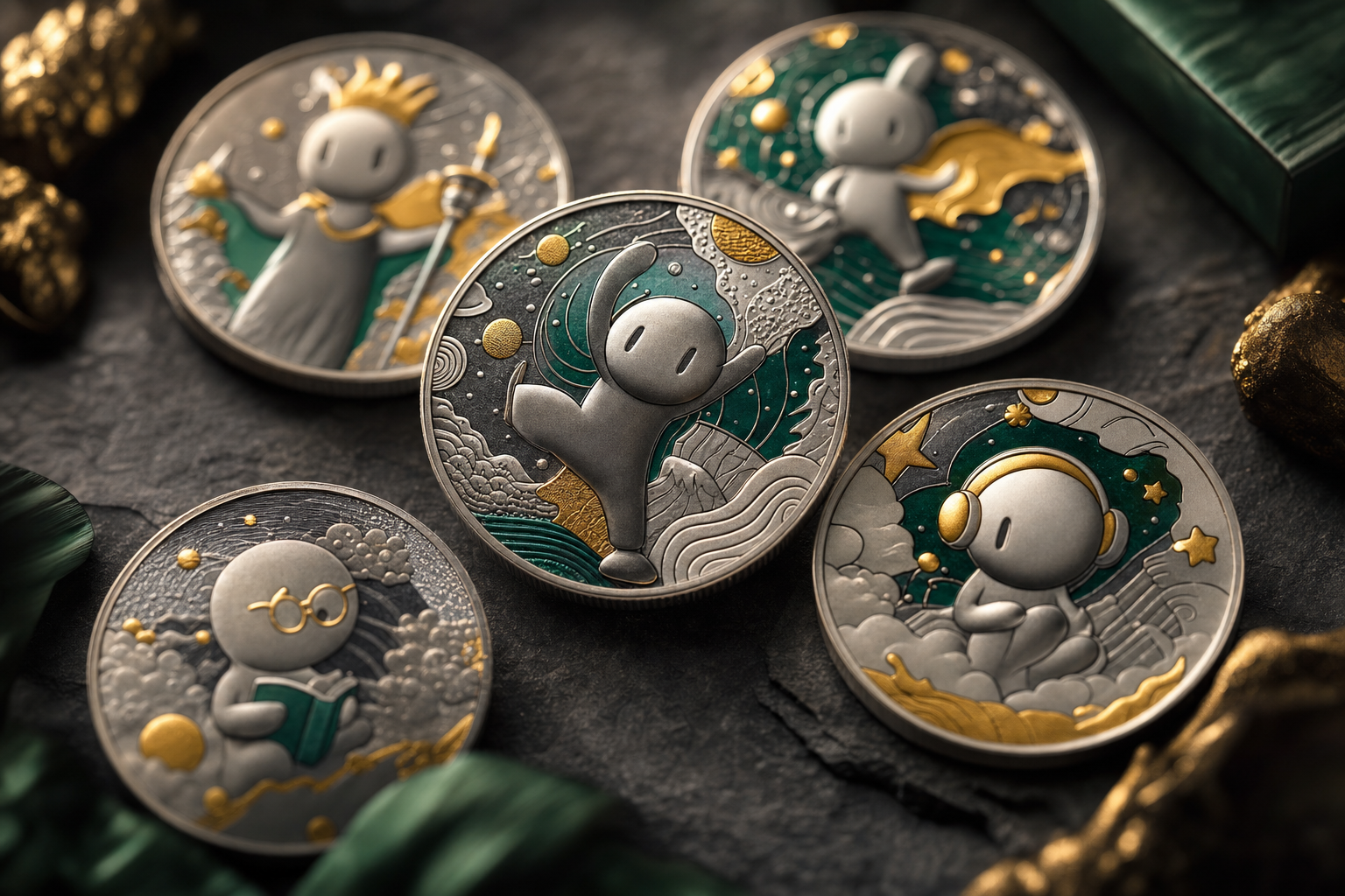 Mehrere colorierte Silber-Sammlermünzen mit Cartoon-Motiven und teilvergoldeten Akzenten auf dunklem Untergrund