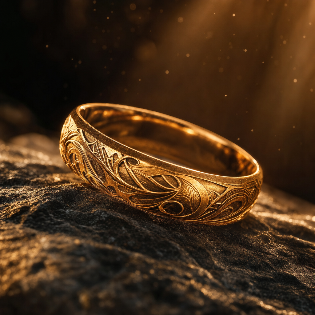 Verzierter goldener Ring auf dunklem Stein in warmem Licht als Sinnbild fuer Herr der Ringe Motive