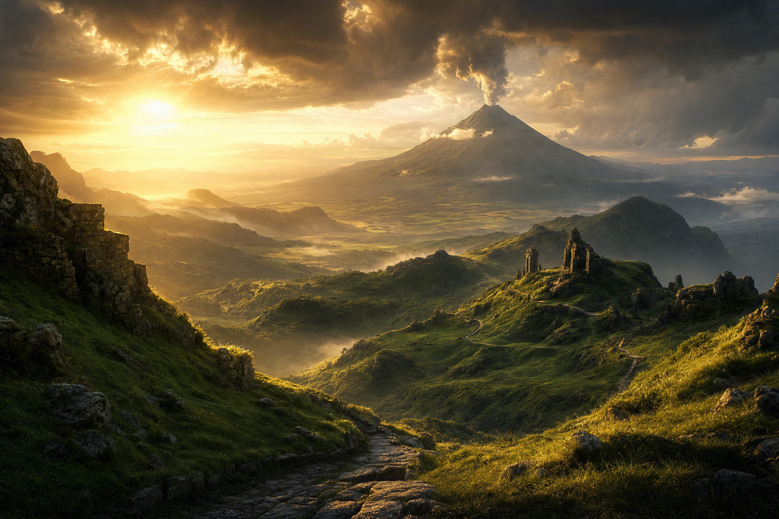 Cinematische Mittelerde-Landschaft mit gruenen Huegeln und rauchendem Vulkanberg im goldenen Abendlicht