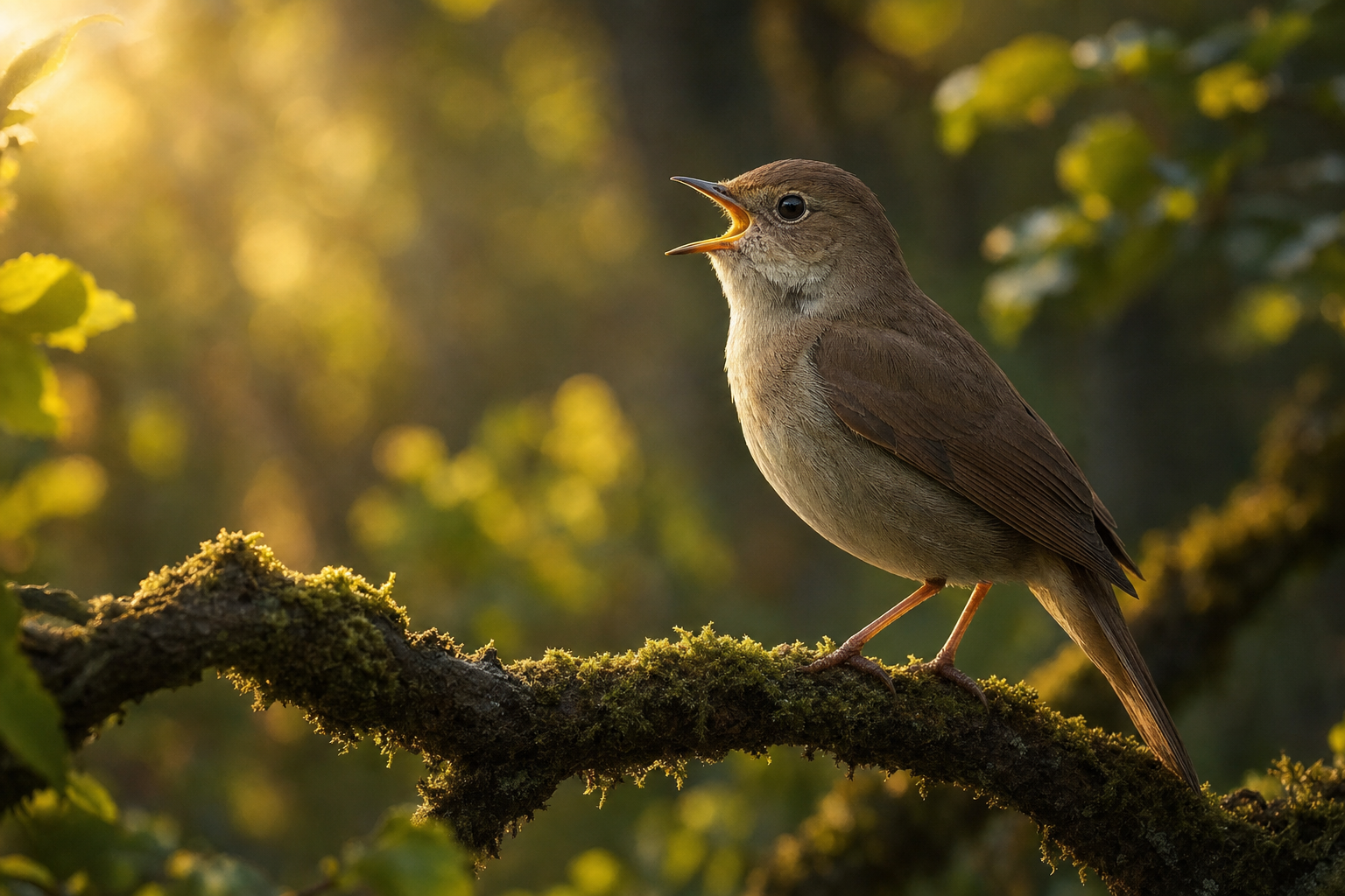 Heimischer Singvogel auf einem moosigen Ast im goldenen Morgenlicht eines Waldes