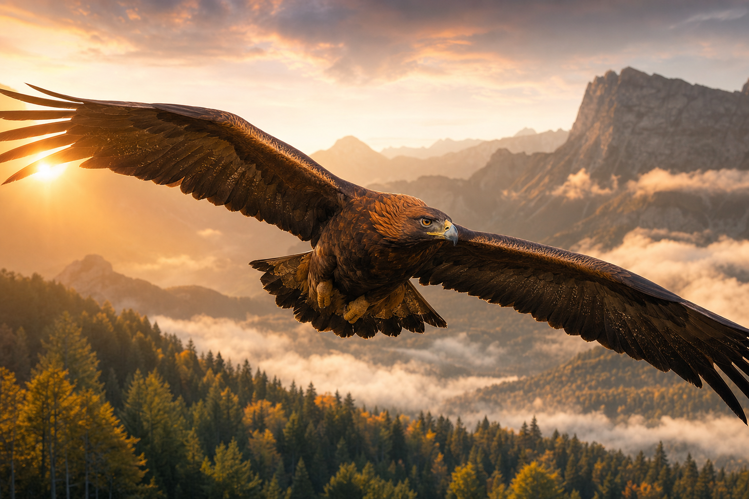 Steinadler im Flug über einer nebligen Berglandschaft im Morgenlicht