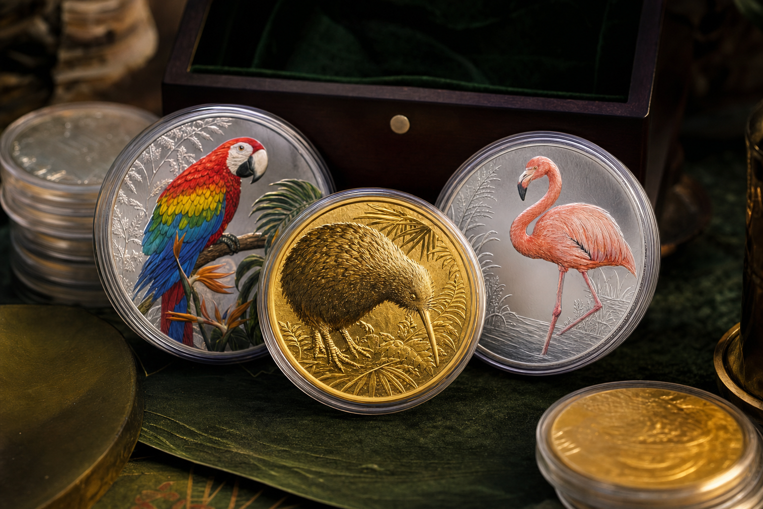 Sammlung exotischer Vogelmünzen aus Gold und Silber mit Münzkapseln und dunklem Präsentationsetui
