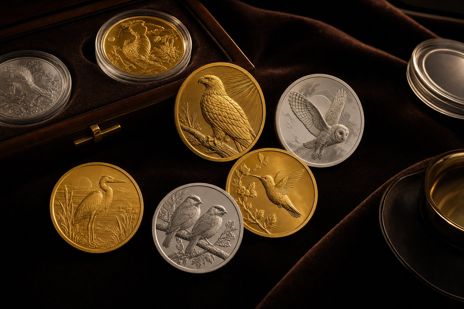 Gold- und Silbermünzen mit Vogelmotiven neben Münzkoffer und Schutzkapseln auf dunklem Untergrund
