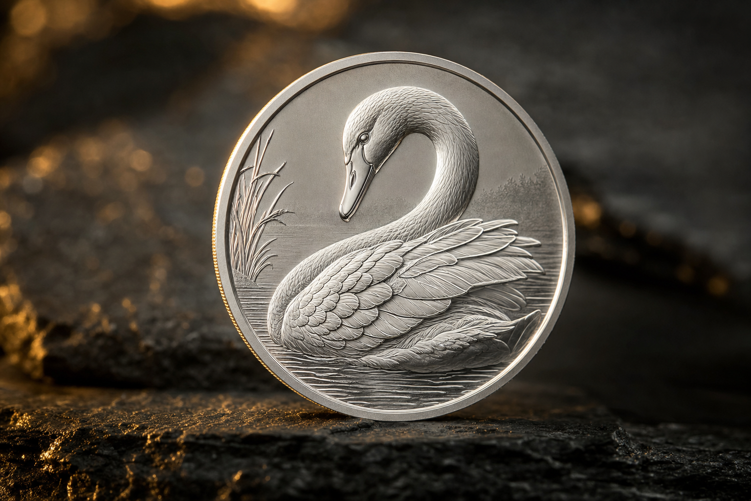 Silbermünze mit fein graviertem Schwan-Motiv auf dunklem Untergrund