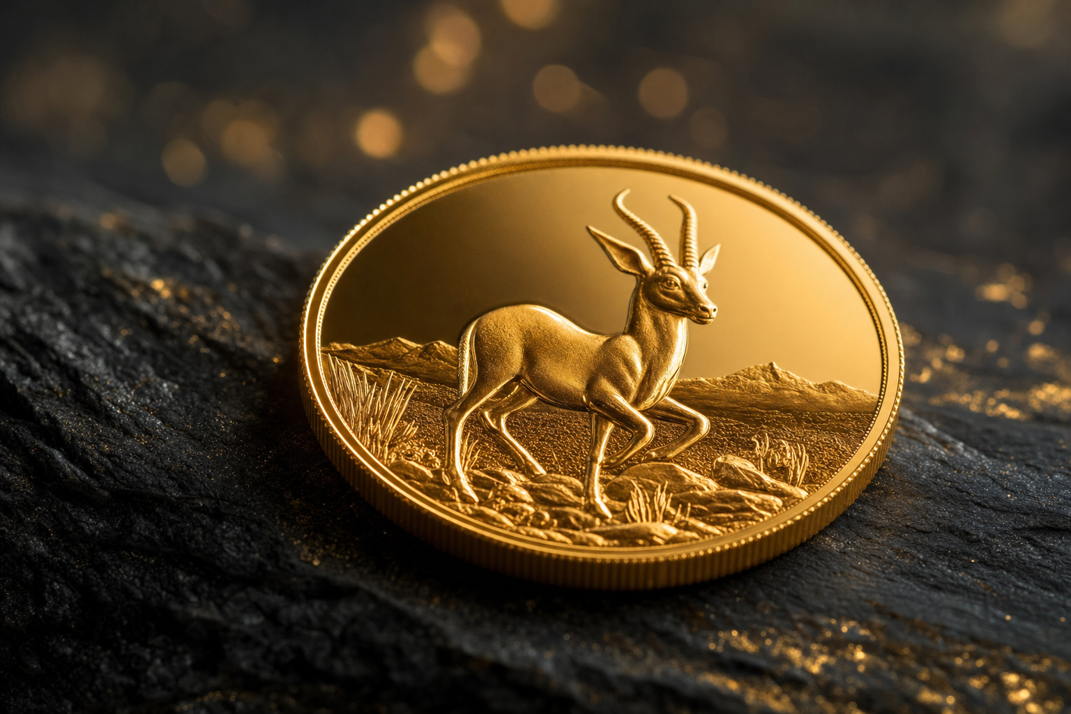 Goldene Anlagemünze mit Antilopen-Motiv auf dunklem Schiefer in Nahaufnahme