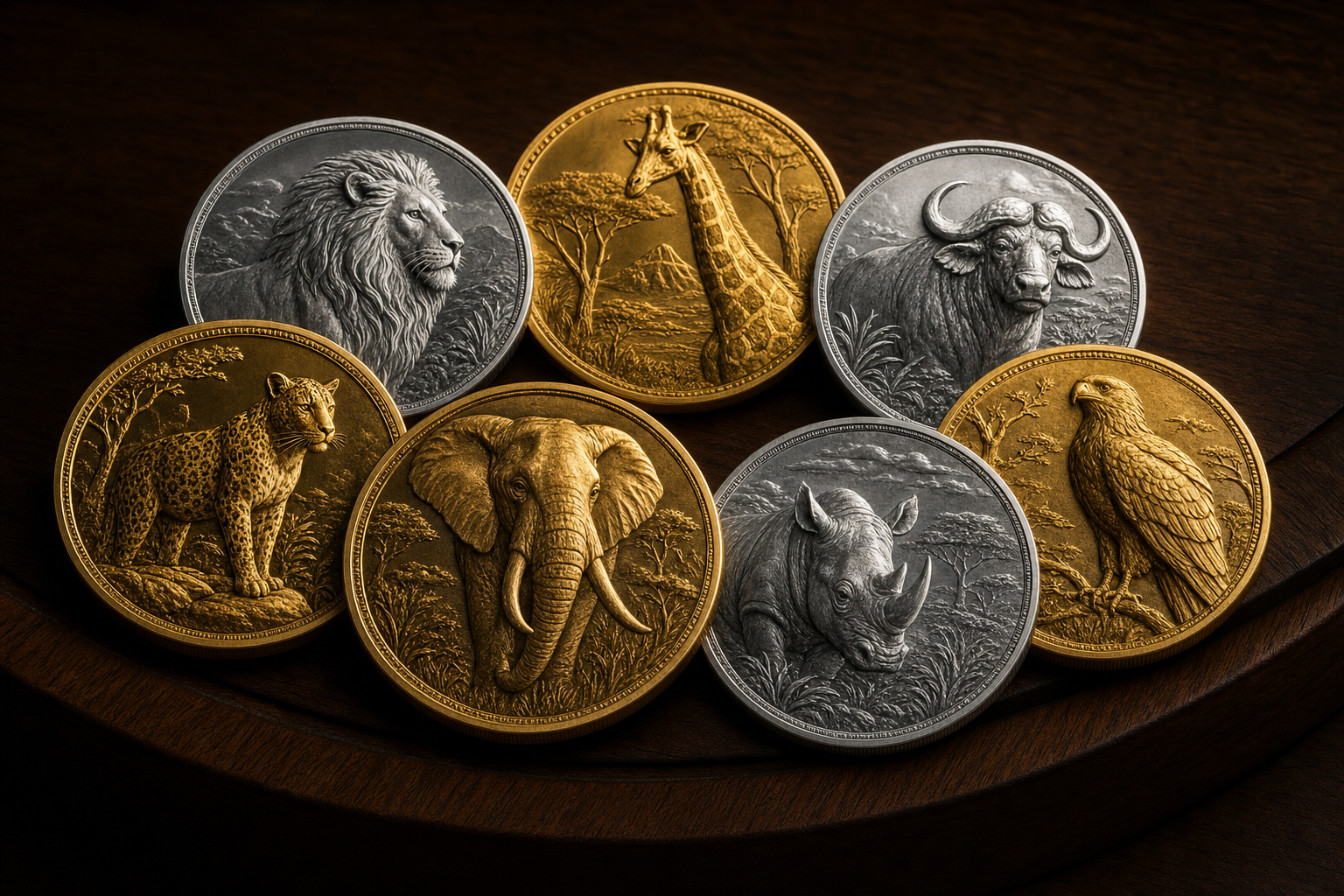 Gold- und Silber-Sammlermünzen mit afrikanischen Tiermotiven in High Relief