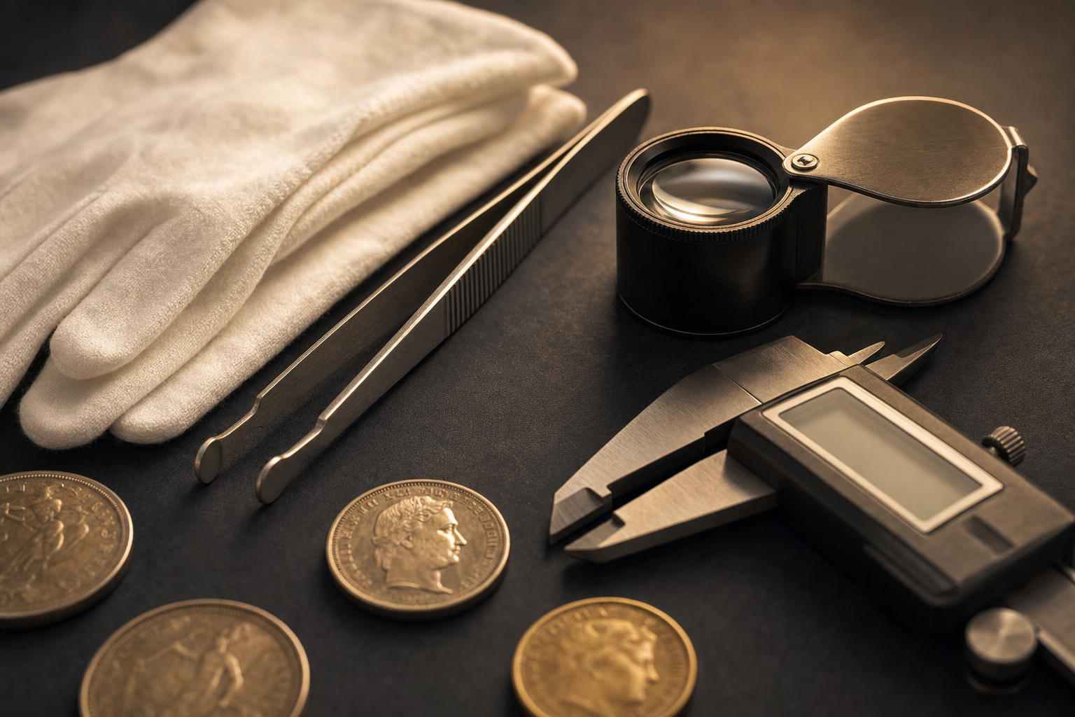 Numismatisches Zubehör mit Baumwollhandschuhen, Pinzette, Lupe und Messschieber auf dunklem Untergrund