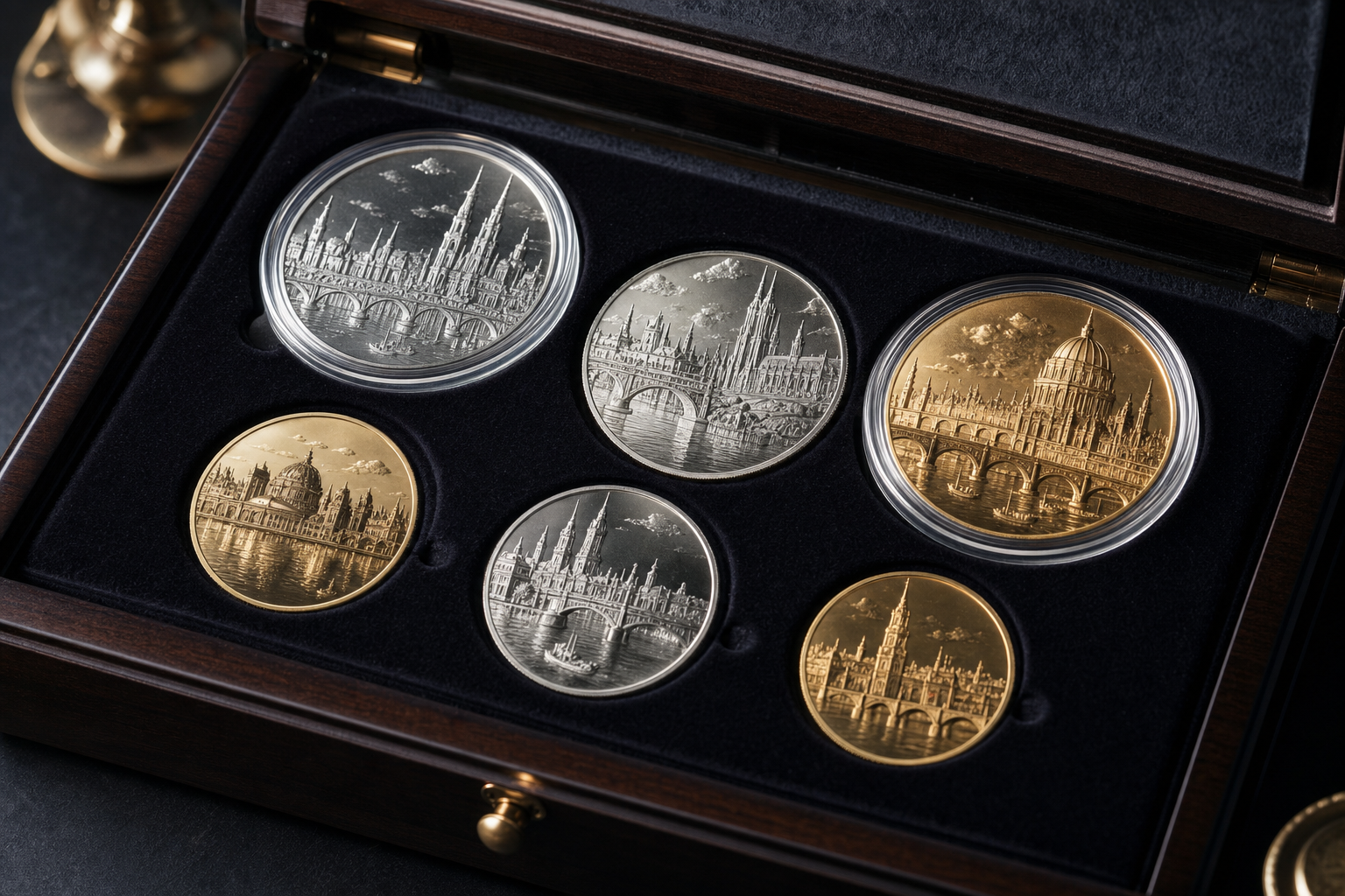 Gold- und Silbermünzen mit Stadtmotiven in einer Sammlerkassette mit Münzkapseln
