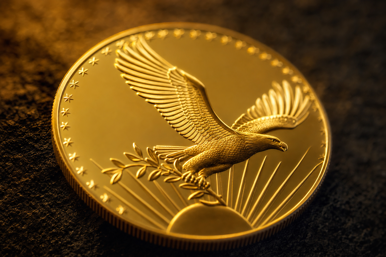 Makroaufnahme einer Goldmünze mit Adlermotiv im warmen Goldlicht