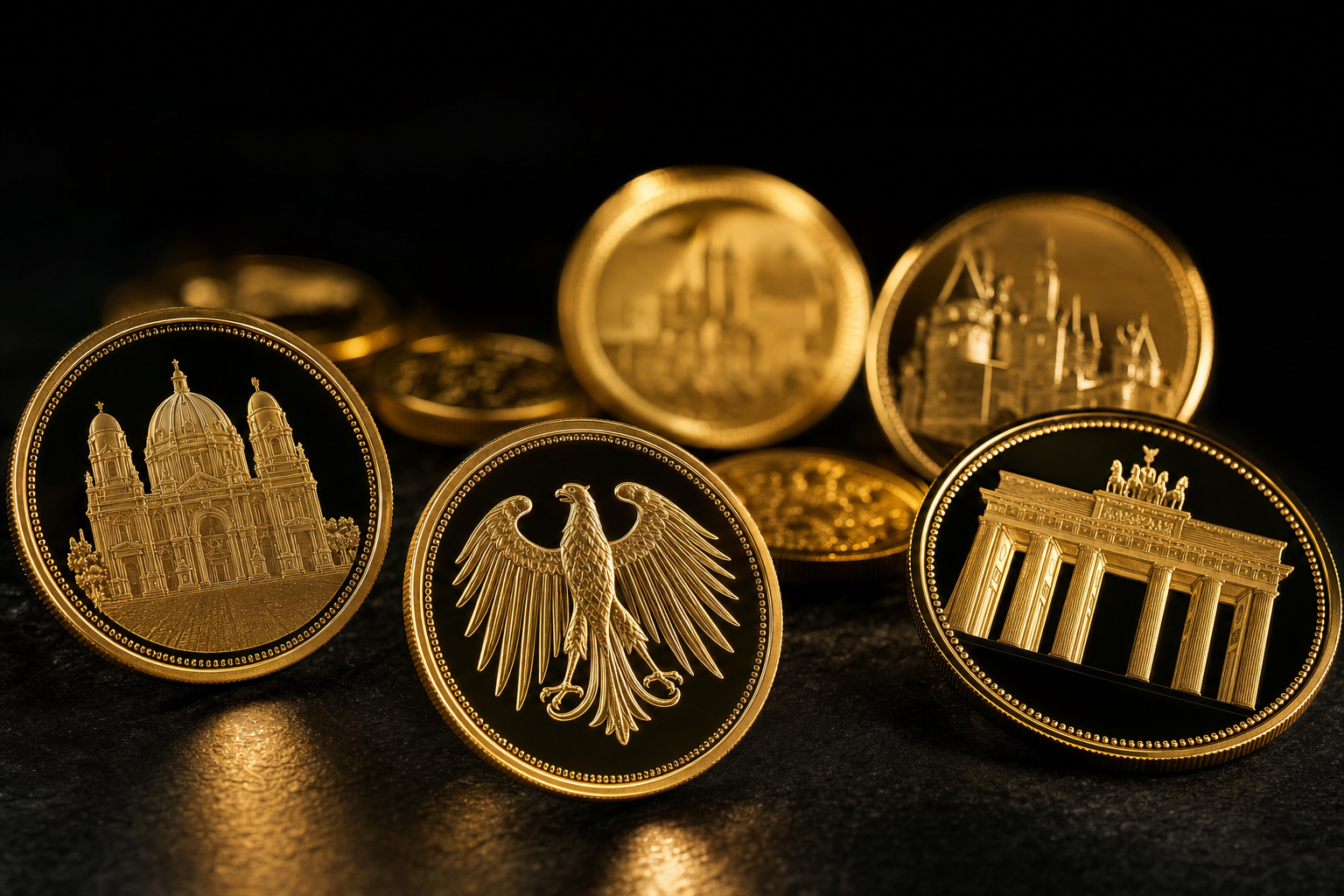 Arrangement mehrerer deutscher Goldsammlermünzen auf dunklem Untergrund mit warmem Licht