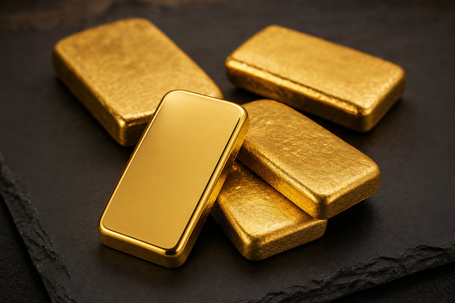 Mehrere 50 g Goldbarren, geprägt und gegossen, auf dunkler Schieferoberfläche