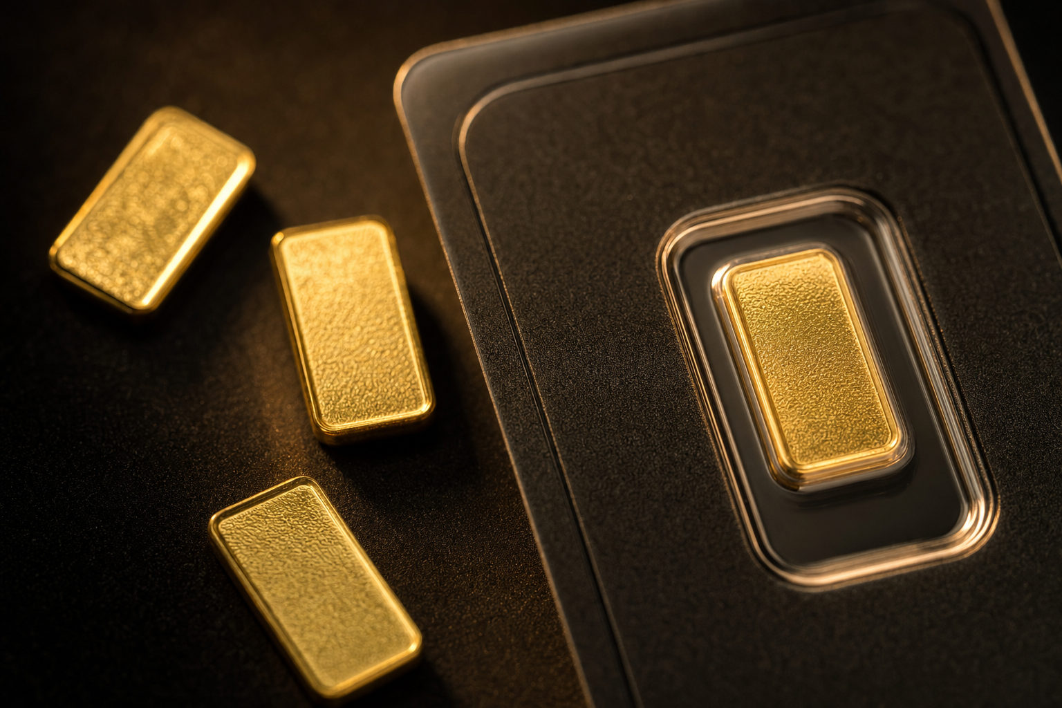 Mehrere 1 g Goldbarren aus Feingold auf dunklem Untergrund, einer in transparenter Blisterkarte