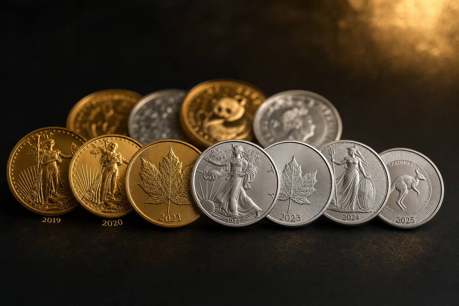 Gold- und Silbermünzen nach Prägejahr aufgefächert auf dunklem Untergrund