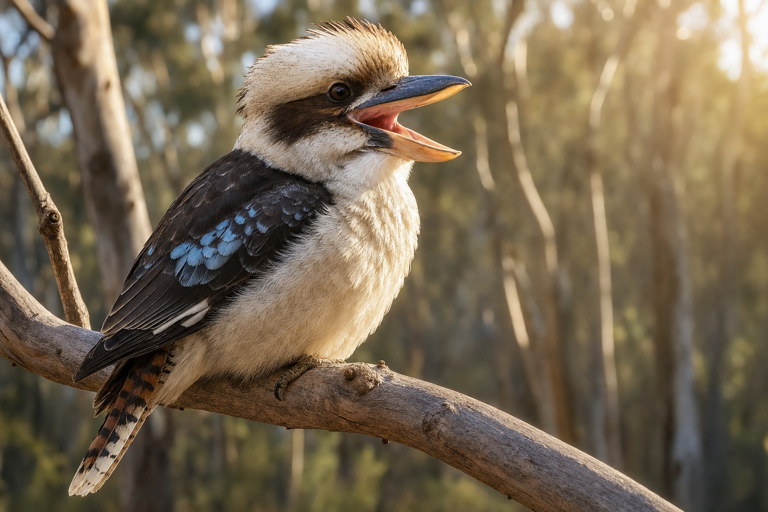 Kookaburra Vogel auf einem Eukalyptusast im australischen Outback bei Morgenlicht