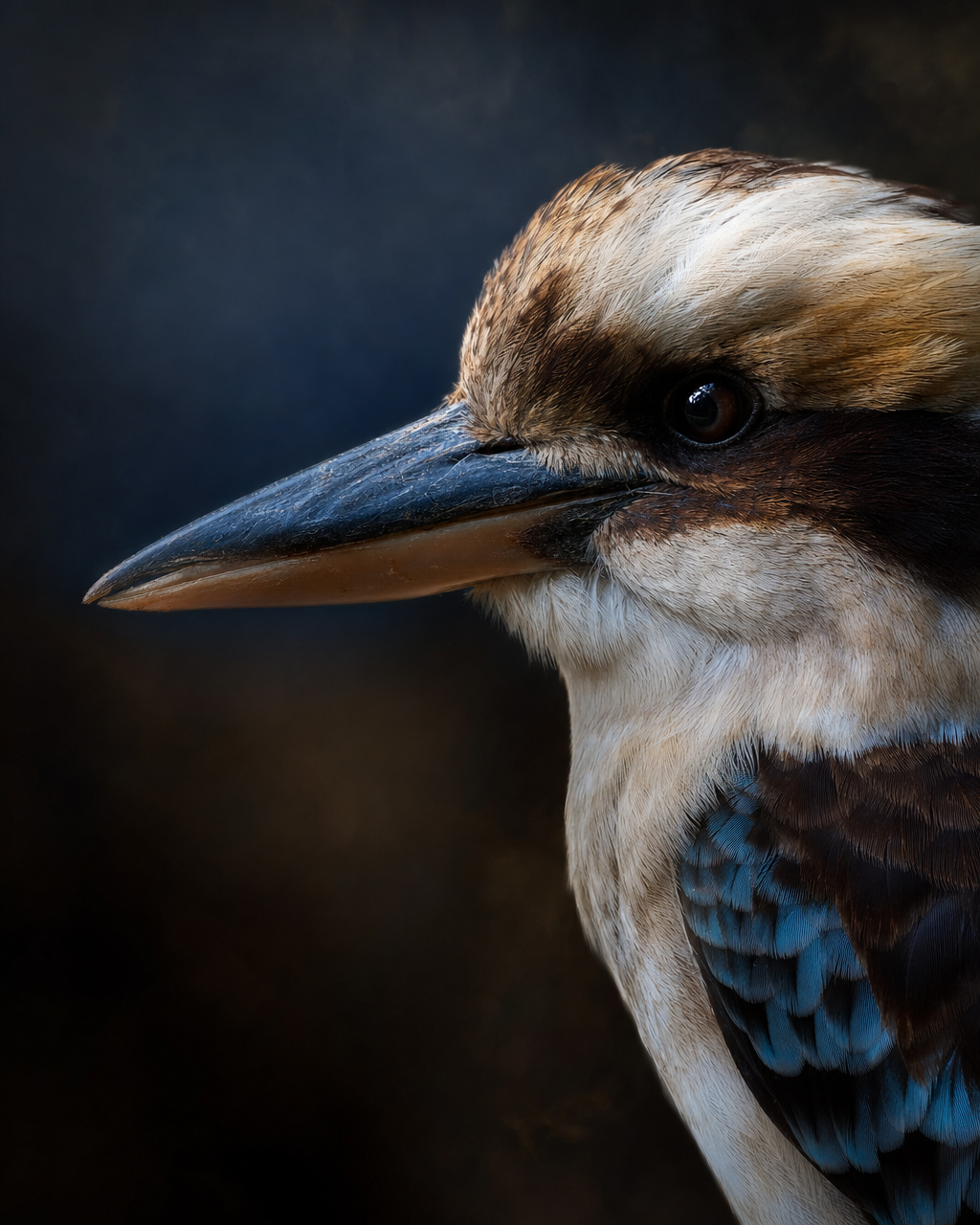 Nahaufnahme eines Kookaburra-Kopfes im Profil mit kraeftigem Schnabel