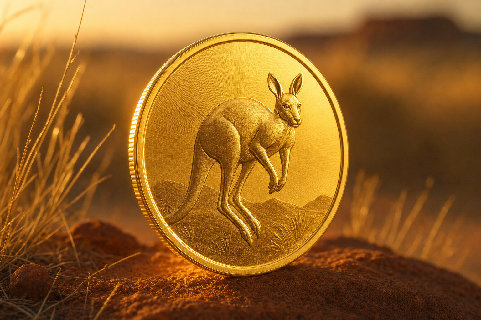 Gold Känguru Anlagemünze im warmen Licht des australischen Outbacks