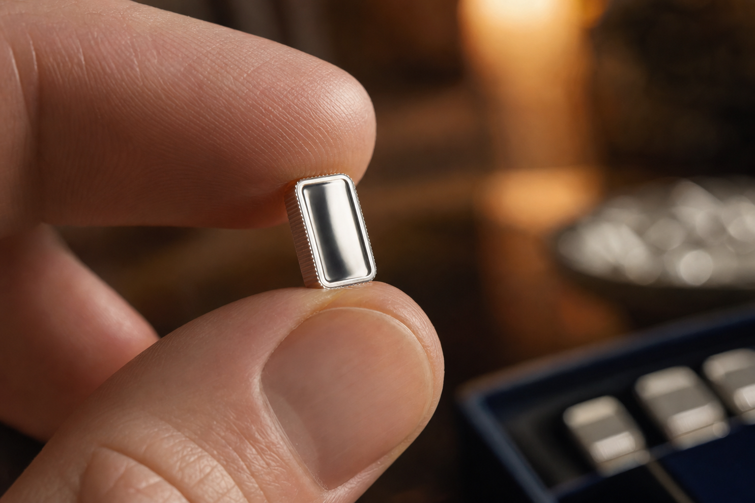 Einzelner 1-Gramm-Silber-Münzbarren zwischen zwei Fingern als Beispiel für die kleine, teilbare Stückelung