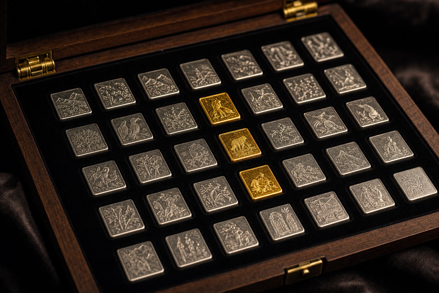 Krisenschutzbox mit kleinen Gold- und Silber-Münzbarren in einem samtausgelegten Etui