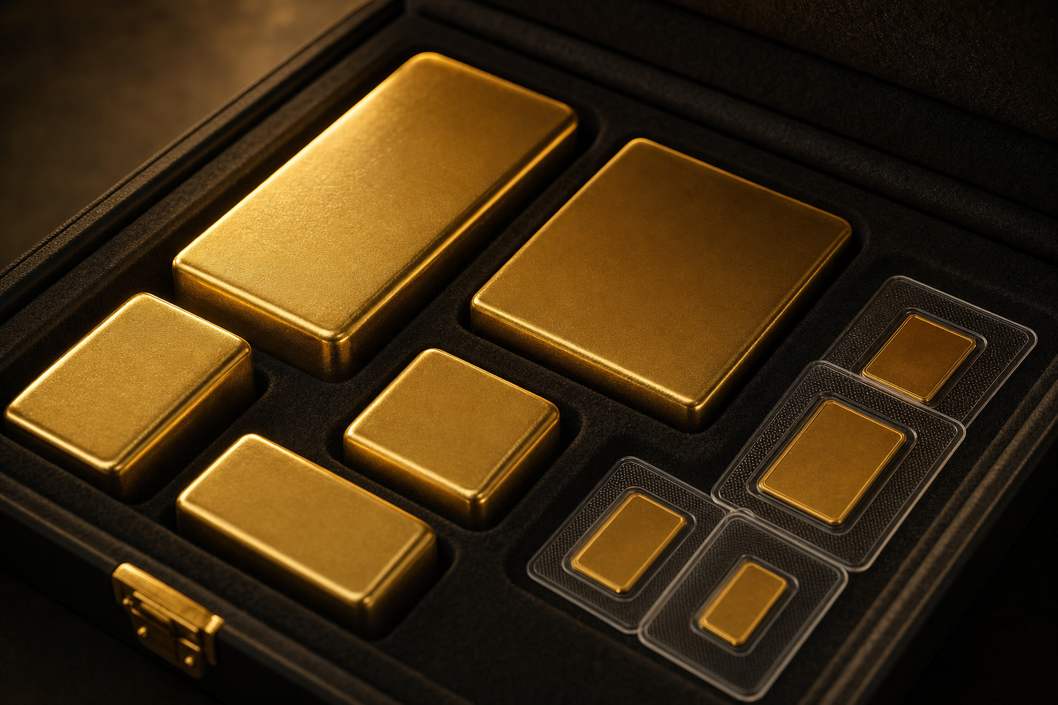 Goldbarren verschiedener Gewichte in einer dunklen Kassette, daneben Kleinbarren im Blister