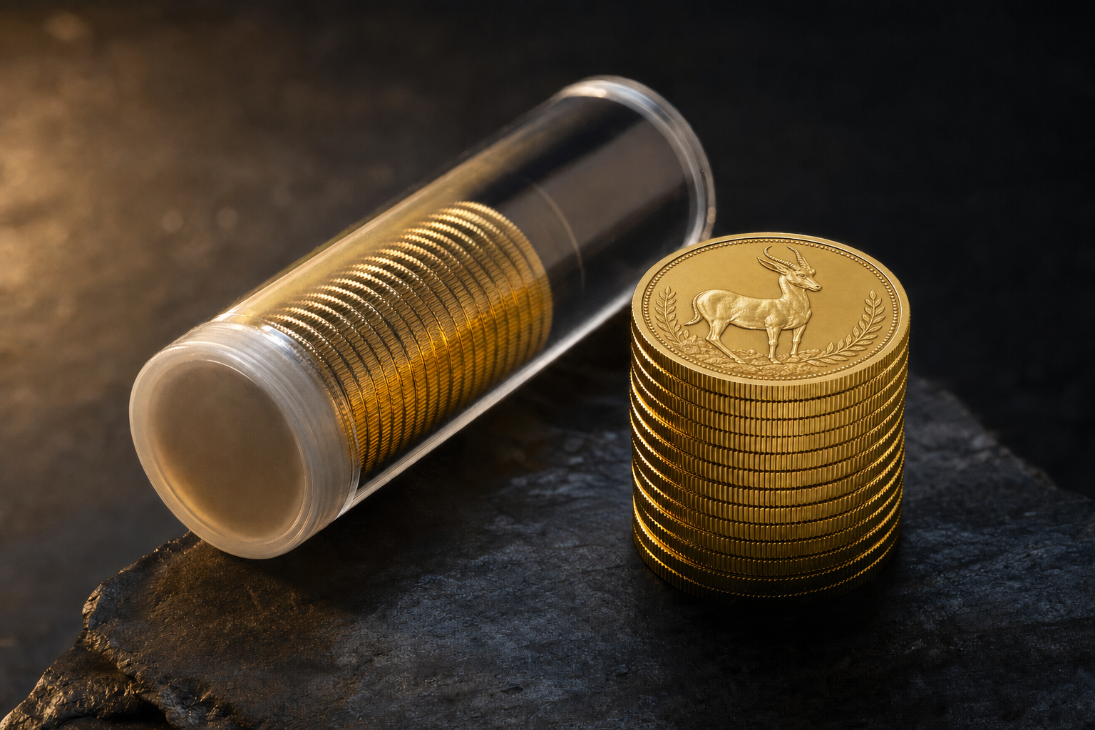 Versiegelte Münzröhre und gestapelte Goldmünzen mit klassischer Tierprägung als Symbolbild für ein Gold Investorenpaket