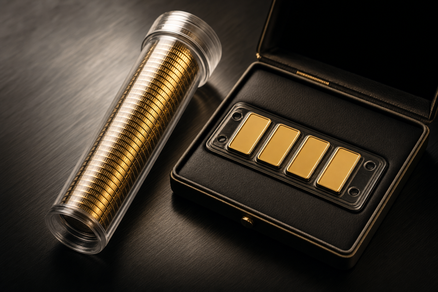 Durchsichtige Münztube neben einem dunklen Etui mit kleinen Goldbarren auf gebürstetem Metall