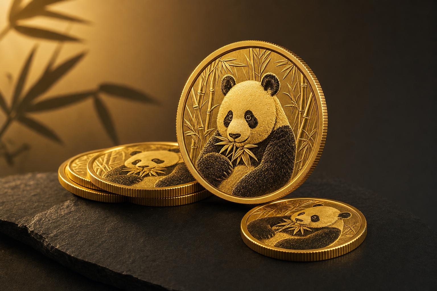 China Panda Goldmünzen aus Feingold mit Panda-Relief auf dunklem Untergrund