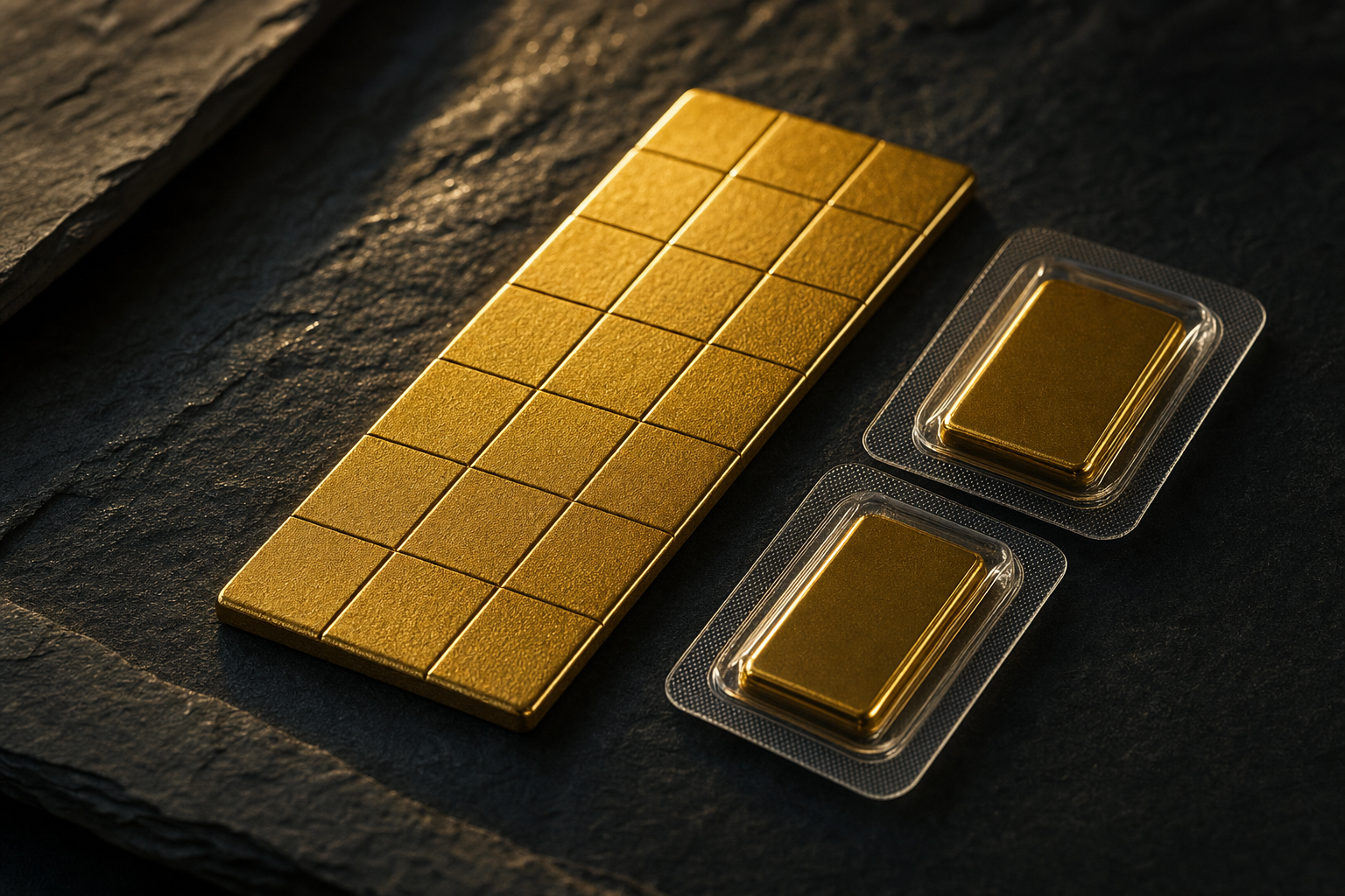 Gold Tafelbarren mit Sollbruchstellen neben zwei kleinen Goldbarren im Blister