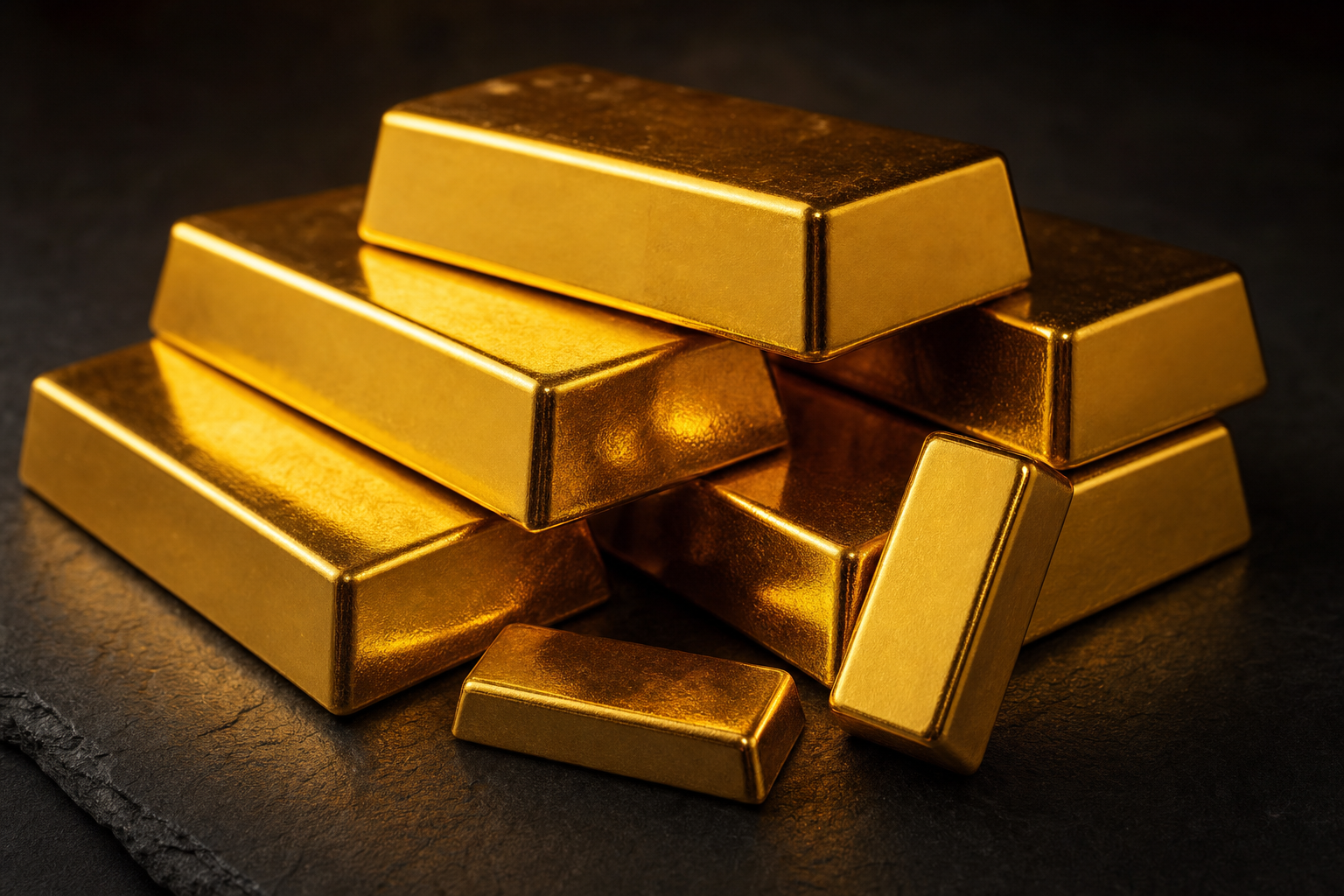 Mehrere Goldbarren in unterschiedlichen Stückelungen auf dunklem Untergrund