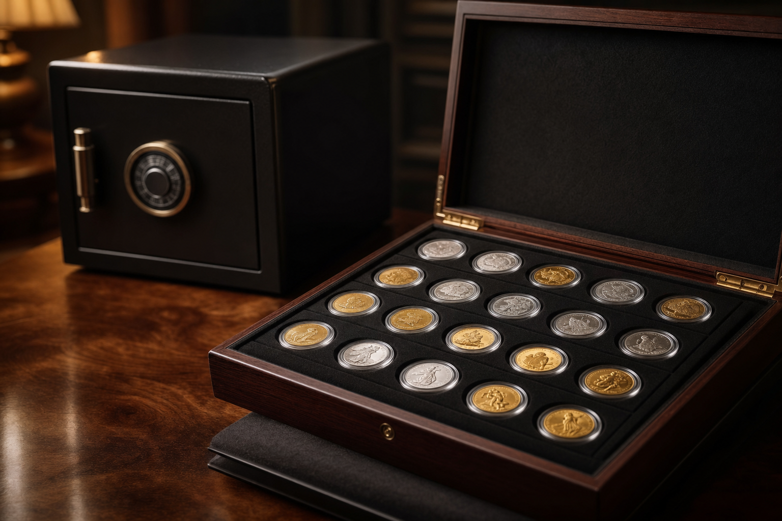 Gold- und Silbermünzen in Münzkapseln und Münzkassette vor einem Tresor