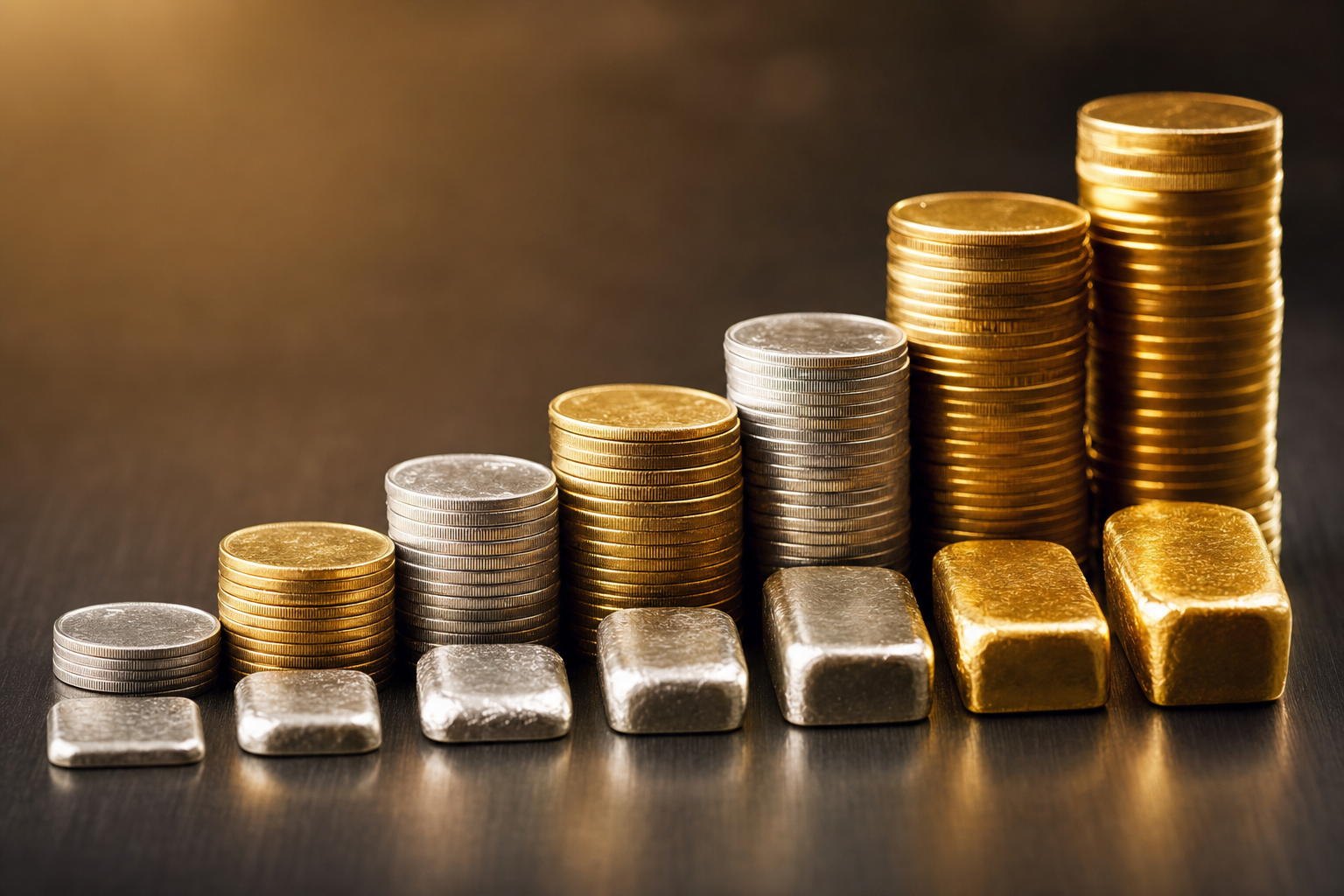 Aufsteigend gestapelte Gold- und Silbermünzen und kleine Barren als Sinnbild für kontinuierlichen Vermögensaufbau