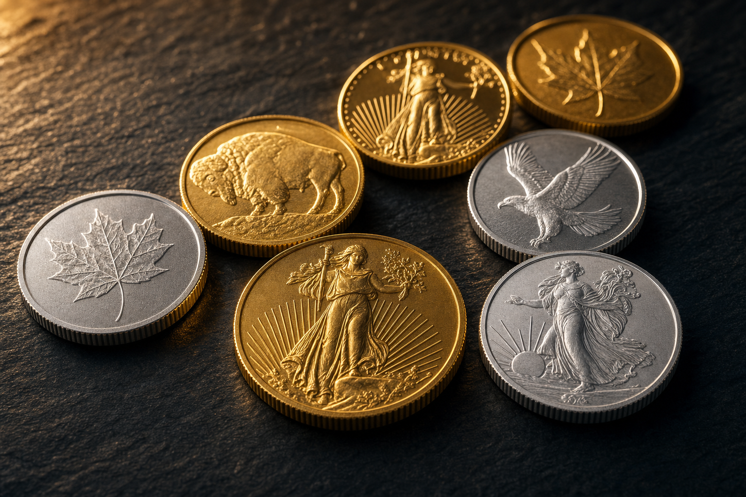 Gold- und Silber-Anlagemünzen auf dunkler Schieferoberfläche im warmen Licht