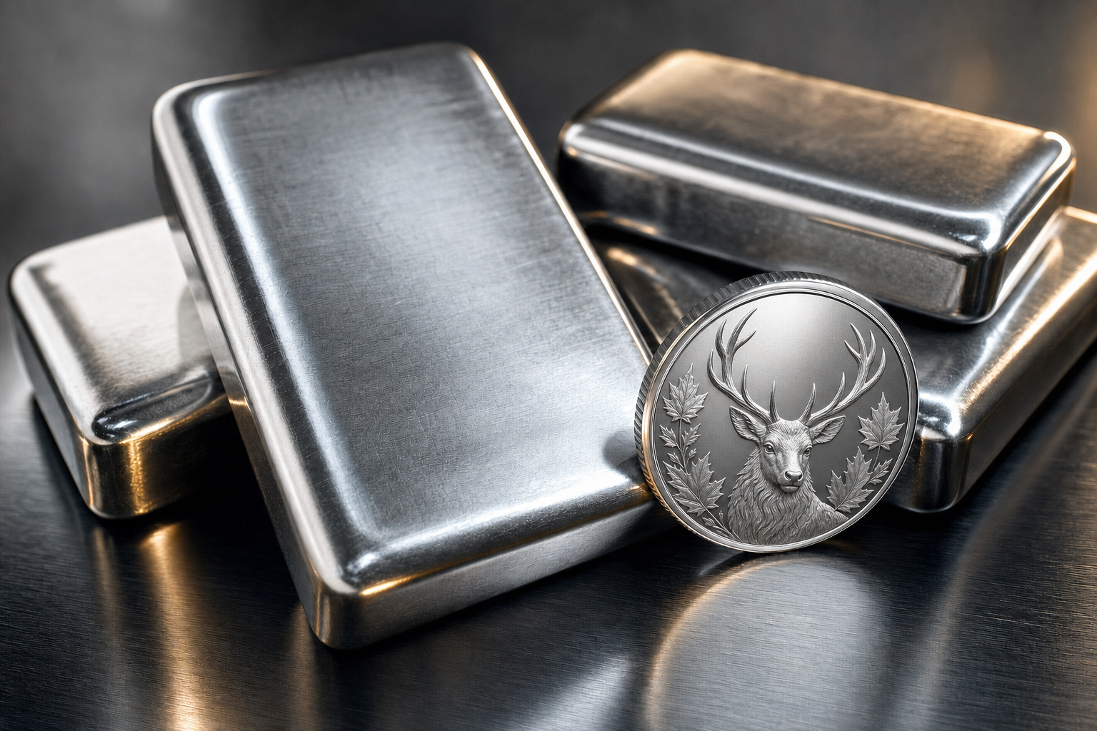 Polierte Palladiumbarren und eine Palladiummünze mit eleganter Reliefprägung auf dunklem Metalluntergrund