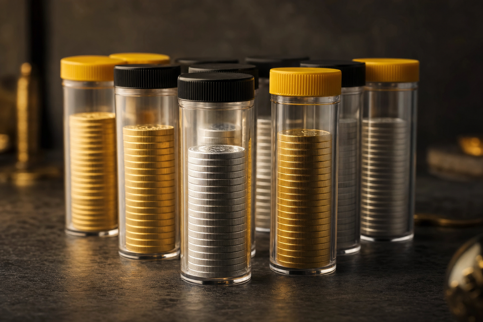 Mehrere transparente Münztubes mit gestapelten Gold- und Silbermünzen und farbigen Deckeln auf dunklem Untergrund
