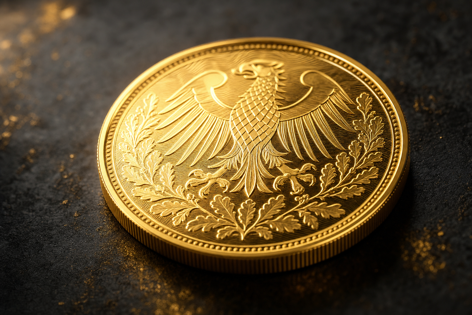 Nahaufnahme einer deutschen Goldmünze aus Feingold in warmem Licht