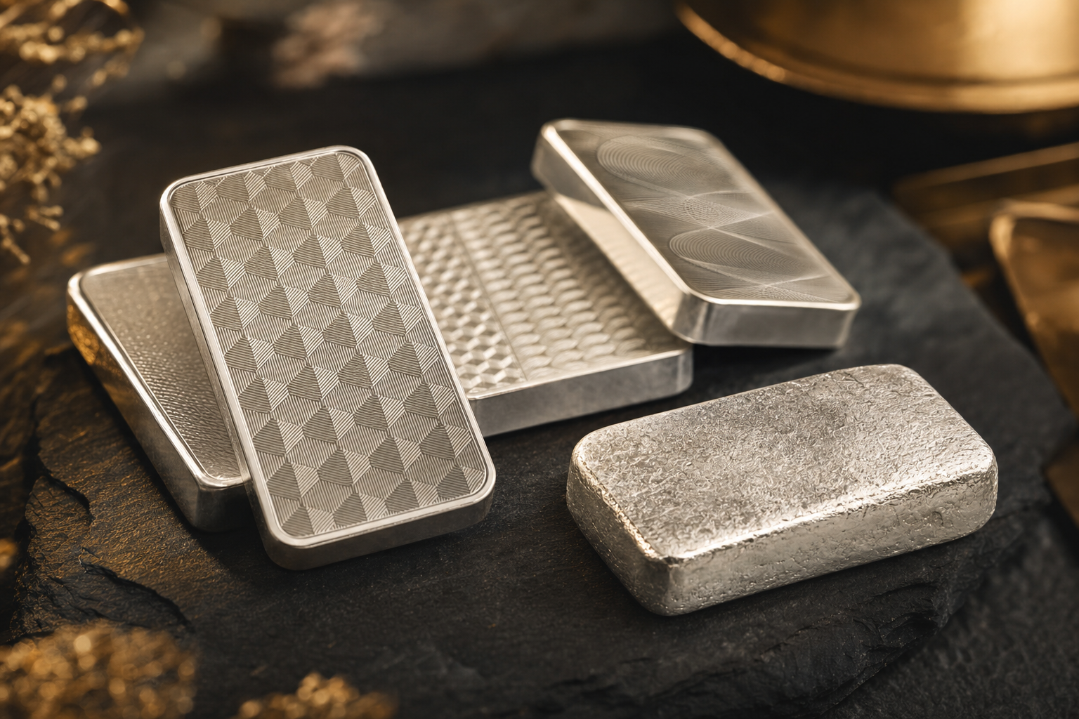 Mehrere 1 oz Silberbarren aus Feinsilber auf dunklem Schiefer, geprägt und gegossen, warmes Licht