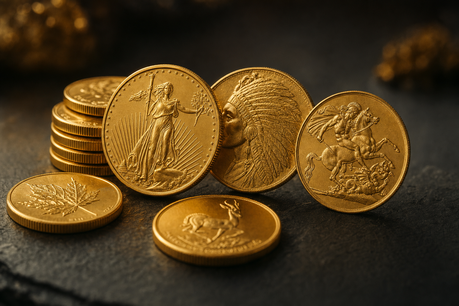 Mehrere klassische Goldanlagemünzen dekorativ auf dunklem Schiefer arrangiert mit warmem Goldlicht