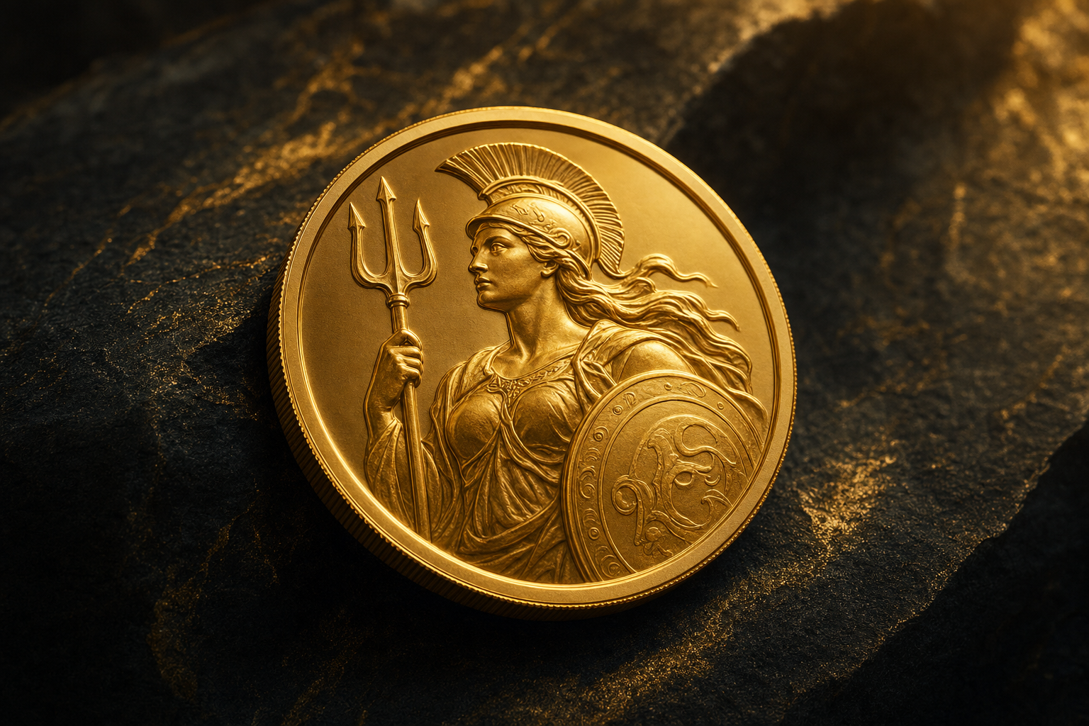 Goldene Britannia Anlagemünze mit klassischer Kriegerfigur, Dreizack und Helm im warmen Goldlicht