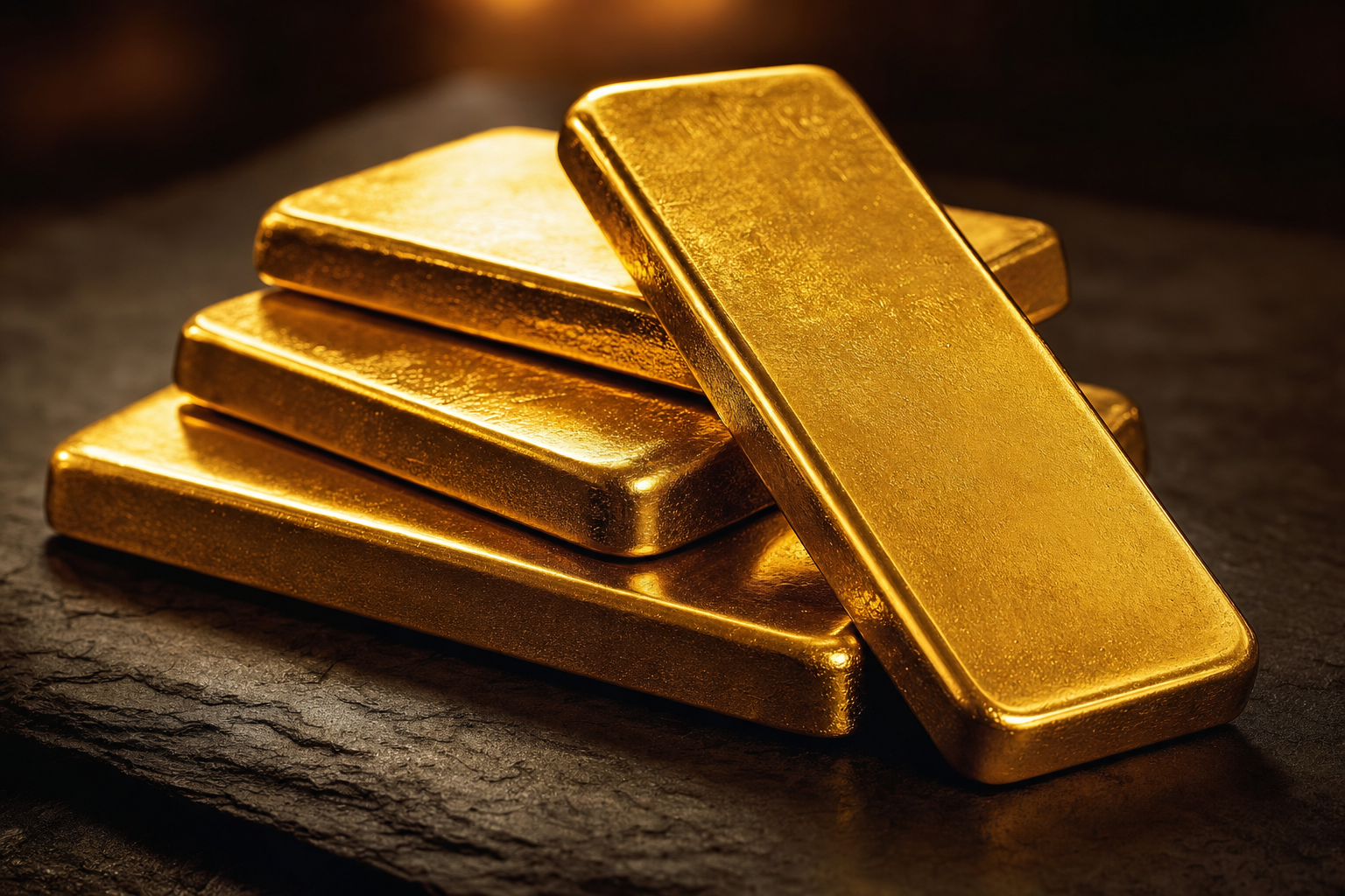 Gestapelte 500 g Goldbarren aus Feingold mit warmem Goldglanz auf dunklem Schiefer