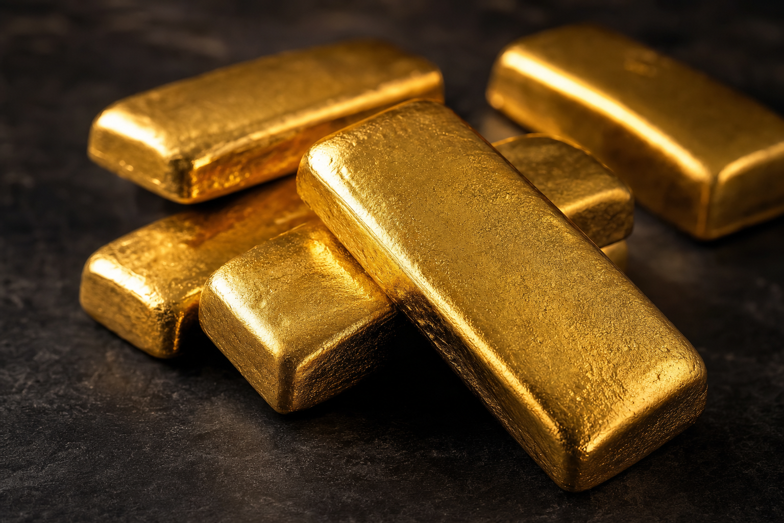 Mehrere gegossene 250-g-Goldbarren mit warmem Randlicht auf dunklem Untergrund